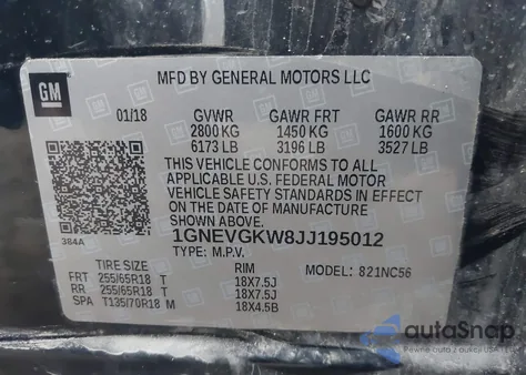 2018 Chevrolet Traverse 1Lt z USA, uszkodzony, nr VIN 1GNEVGKW8JJ195012